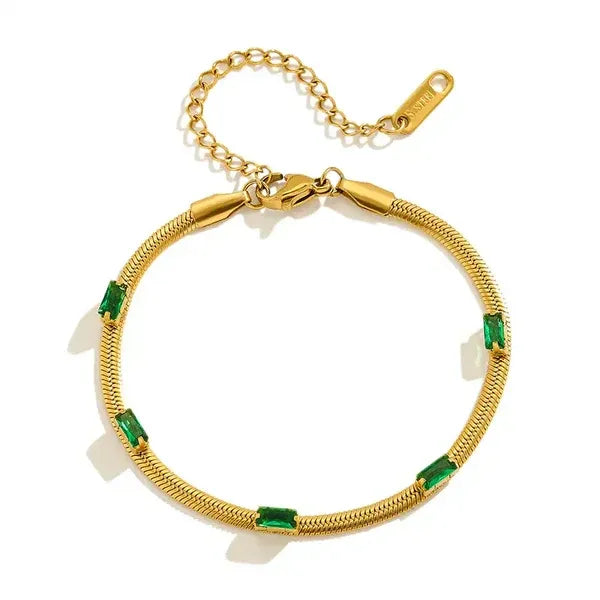 Evelis Emerald Baguette Station Snake Chain Bracelet | Waterproof 18k Gold