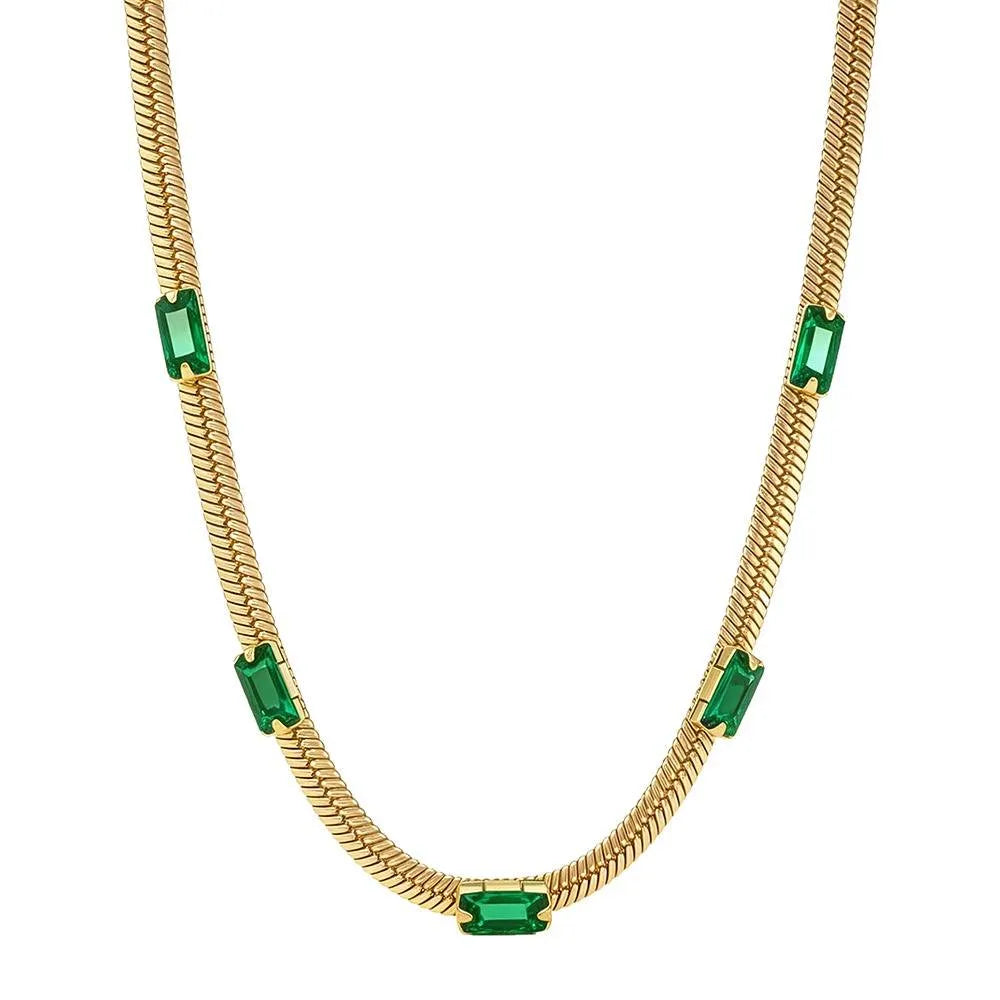 Evelis Emerald Baguette Station Snake Chain Necklace | Waterproof 18k Gold