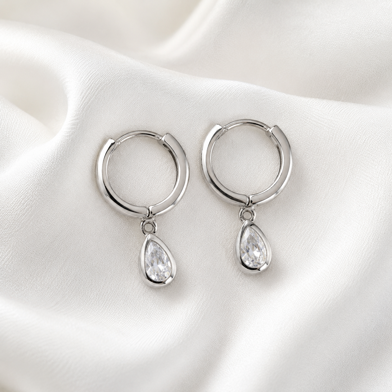 Lyra Crystal Drop Hoops- Silver