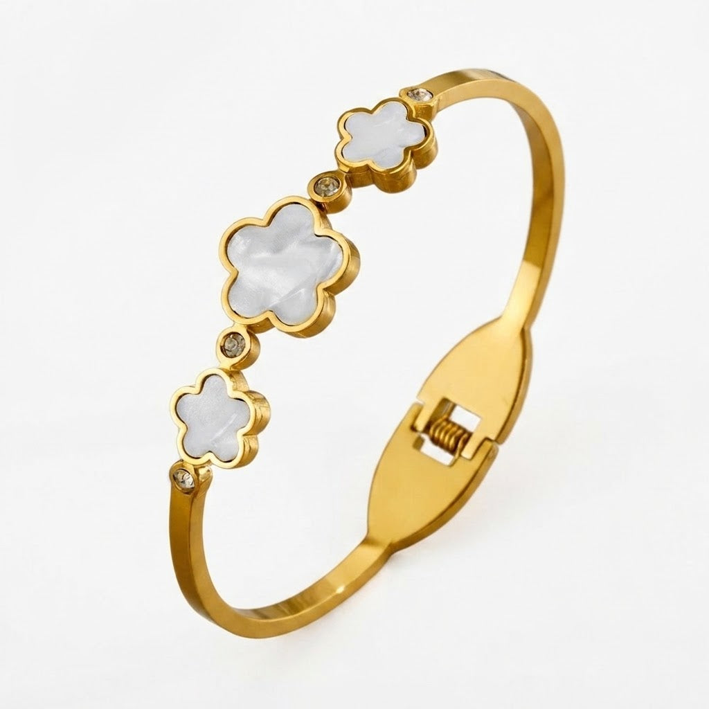 Fiona Mother of Pearl Clover Hinged Bangle Bracelet | Waterproof 18K Gold