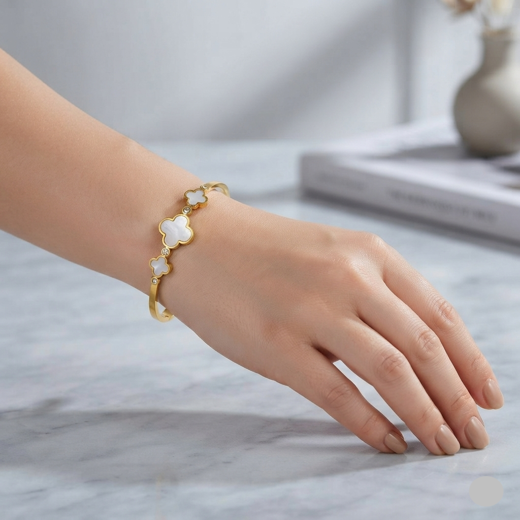 Fiona Mother of Pearl Clover Hinged Bangle Bracelet | Waterproof 18K Gold