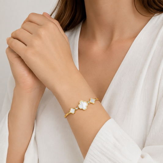 Fiona Mother of Pearl Clover Hinged Bangle Bracelet | Waterproof 18K Gold