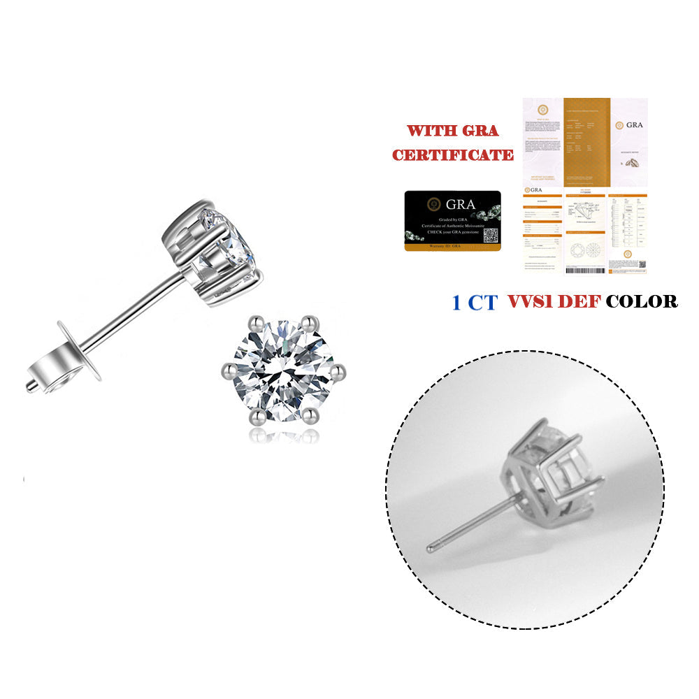Round Shape Six Prong Moissanite Solitaire Stud Earrings in Platinum Overlay Sterling Silver 1 Carat Moissanite GRA Certified