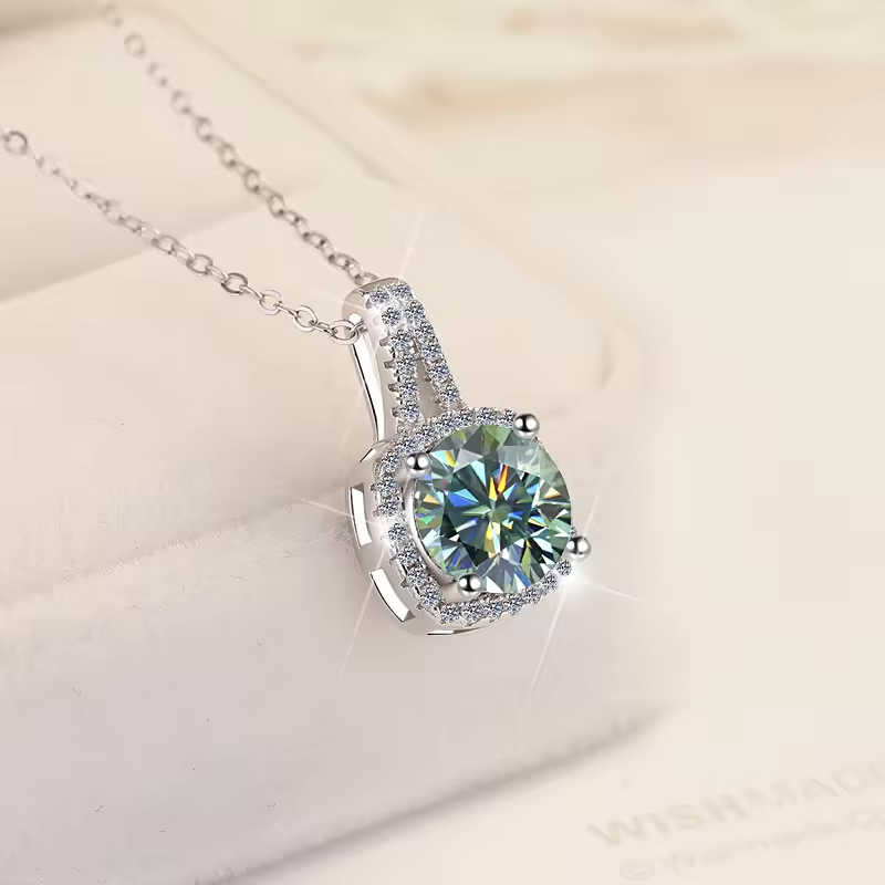1 Carat Radiant Cut Green Moissanite Pendant In A Paved Halo Setting with Chain in Platinum Overlay Sterling Silver GRA Certified