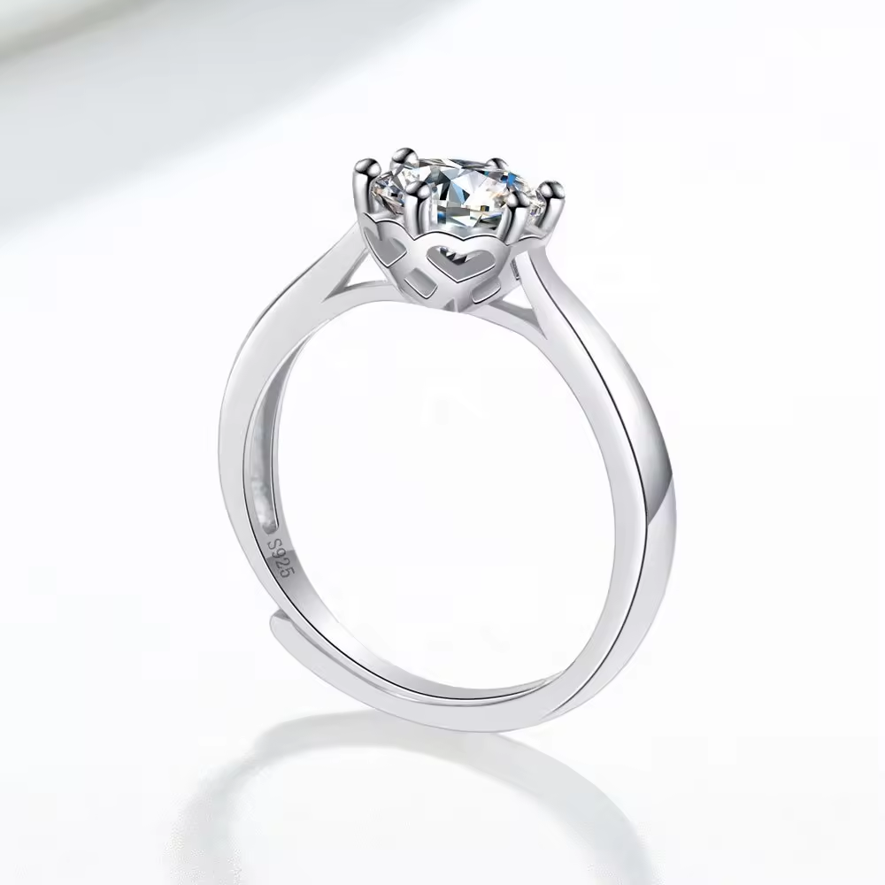 1 Carat Solitaire Moissanite Ring in Six Prongs Setting, Platinum Overlay Sterling Silver - Adjustable Size