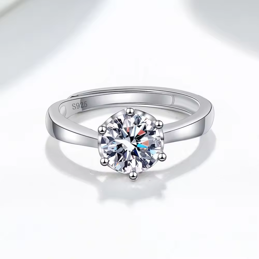 1 Carat Solitaire Moissanite Ring in Six Prongs Setting, Platinum Overlay Sterling Silver - Adjustable Size