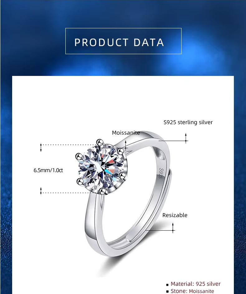 1 Carat Solitaire Moissanite Ring in Six Prongs Setting, Platinum Overlay Sterling Silver - Adjustable Size