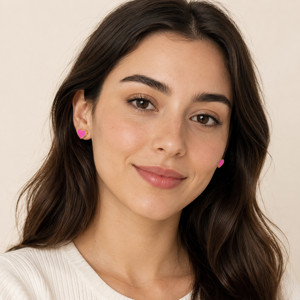 Rosy Pink Love Heart Comfort Back Studs | Waterproof 18K Gold
