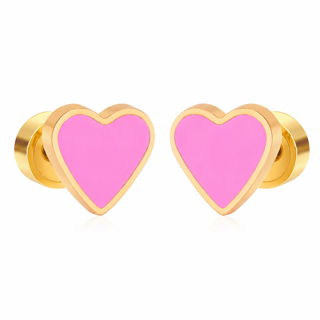 Rosy Pink Love Heart Comfort Back Studs | Waterproof 18K Gold