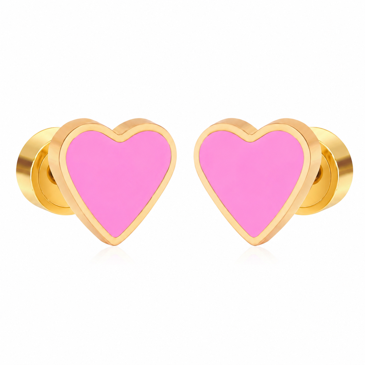 Rosy Pink Love Heart Comfort Back Studs | Waterproof 18K Gold