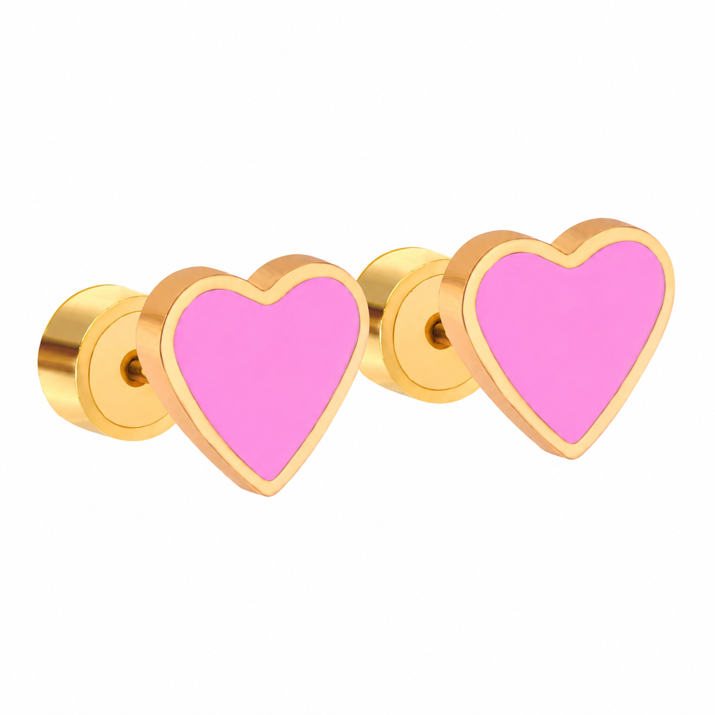 Rosy Pink Love Heart Comfort Back Studs | Waterproof 18K Gold