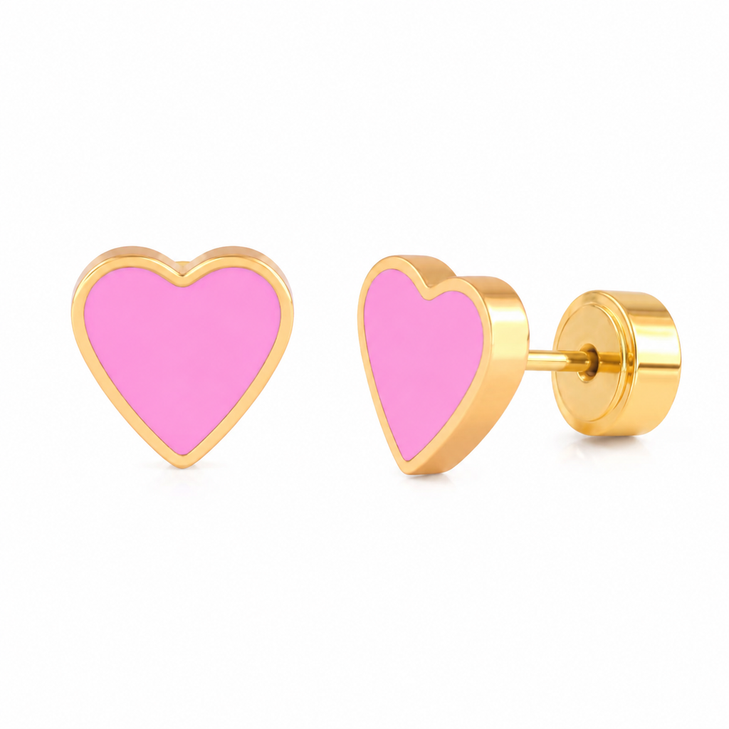 Rosy Pink Love Heart Comfort Back Studs | Waterproof 18K Gold