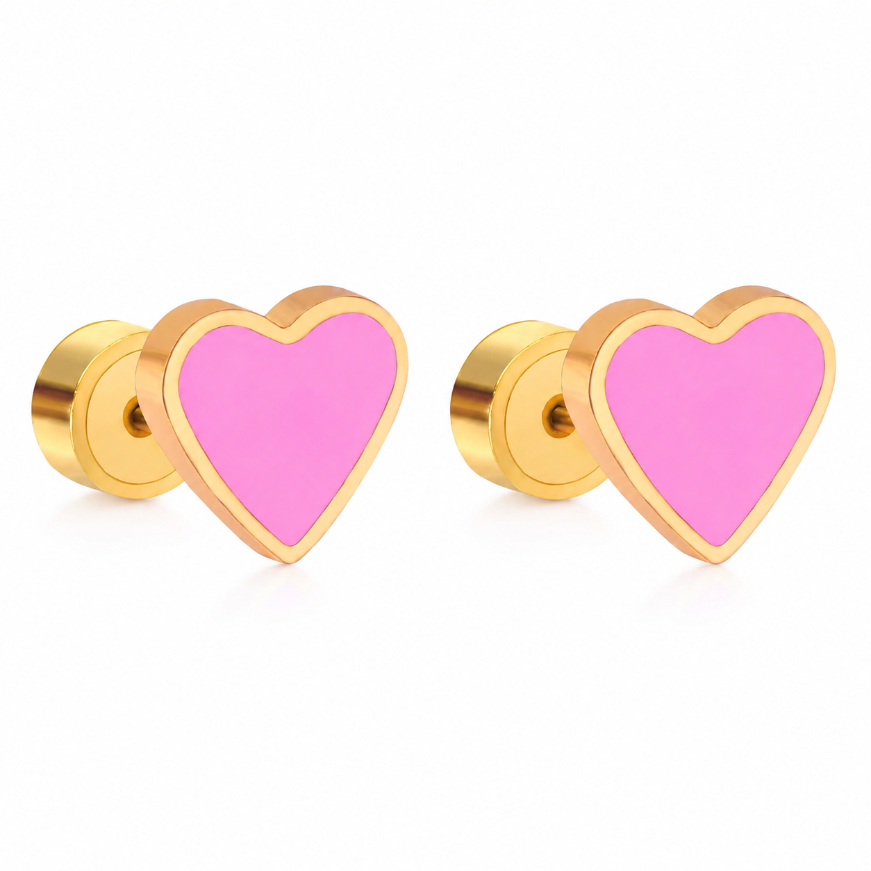 Rosy Pink Love Heart Comfort Back Studs | Waterproof 18K Gold