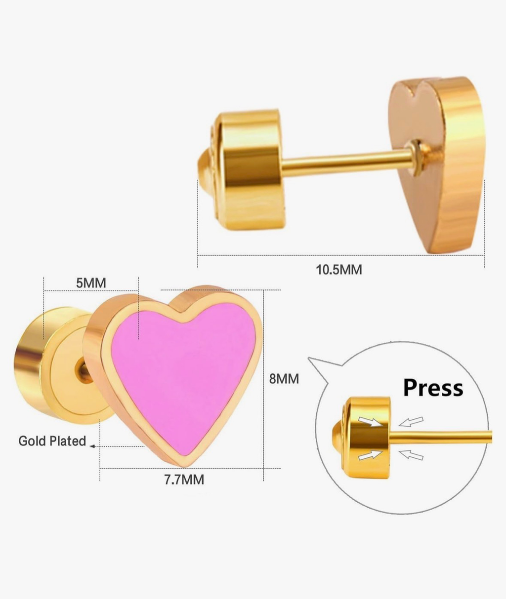 Rosy Pink Love Heart Comfort Back Studs | Waterproof 18K Gold