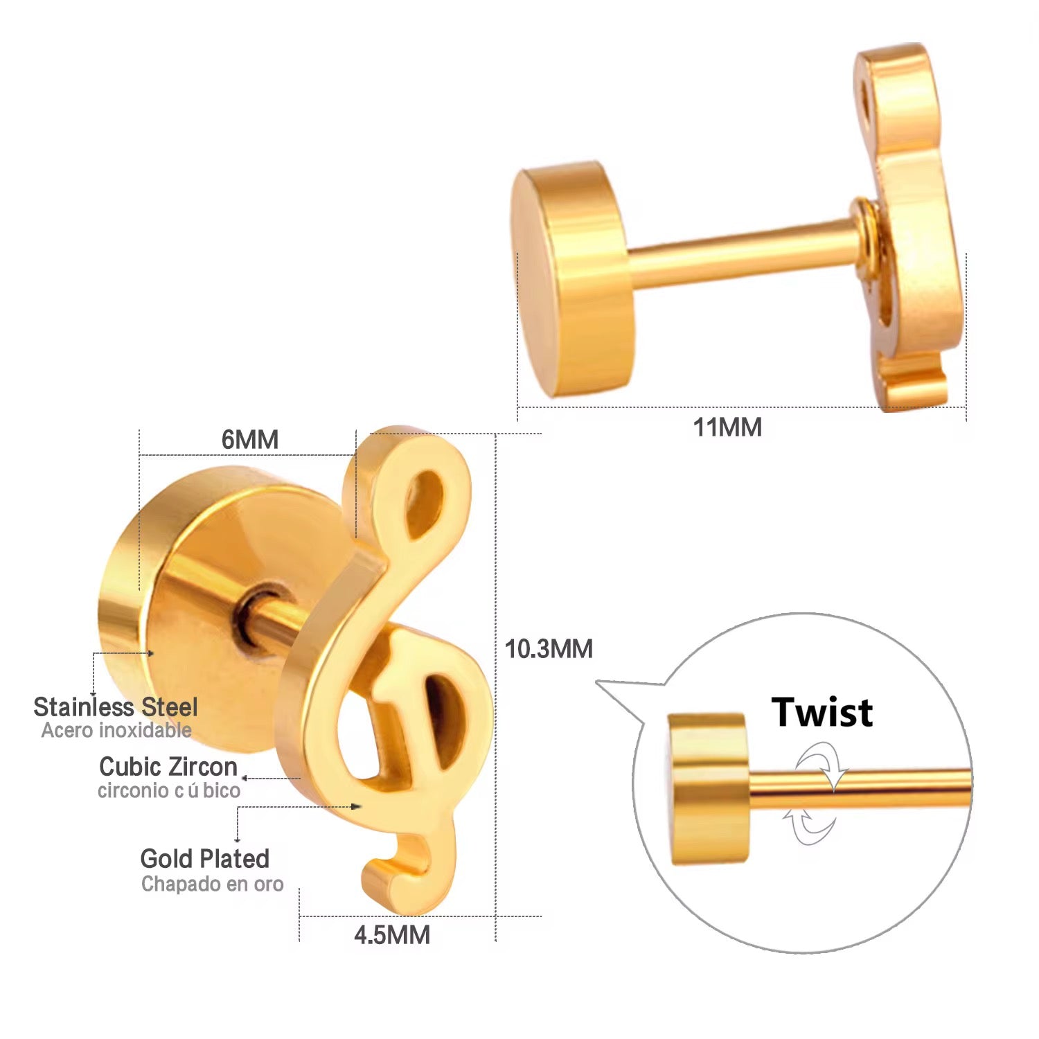 Essence Music Note Flat Back Studs | Waterproof 18k Gold