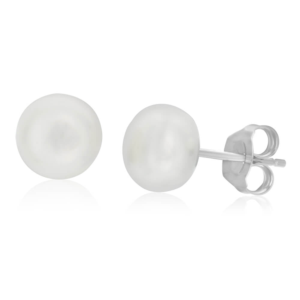 Miami Sterling Silver AAA Freshwater Pearl Studs- 8MM