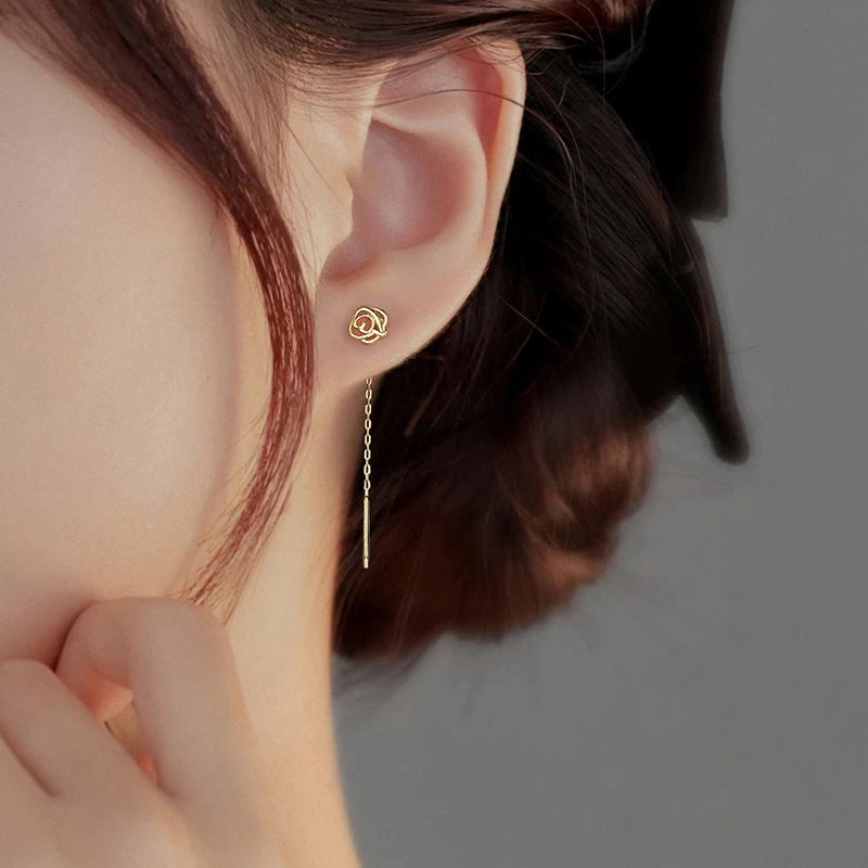 Saya Rose Drop Thread Earrings- Gold