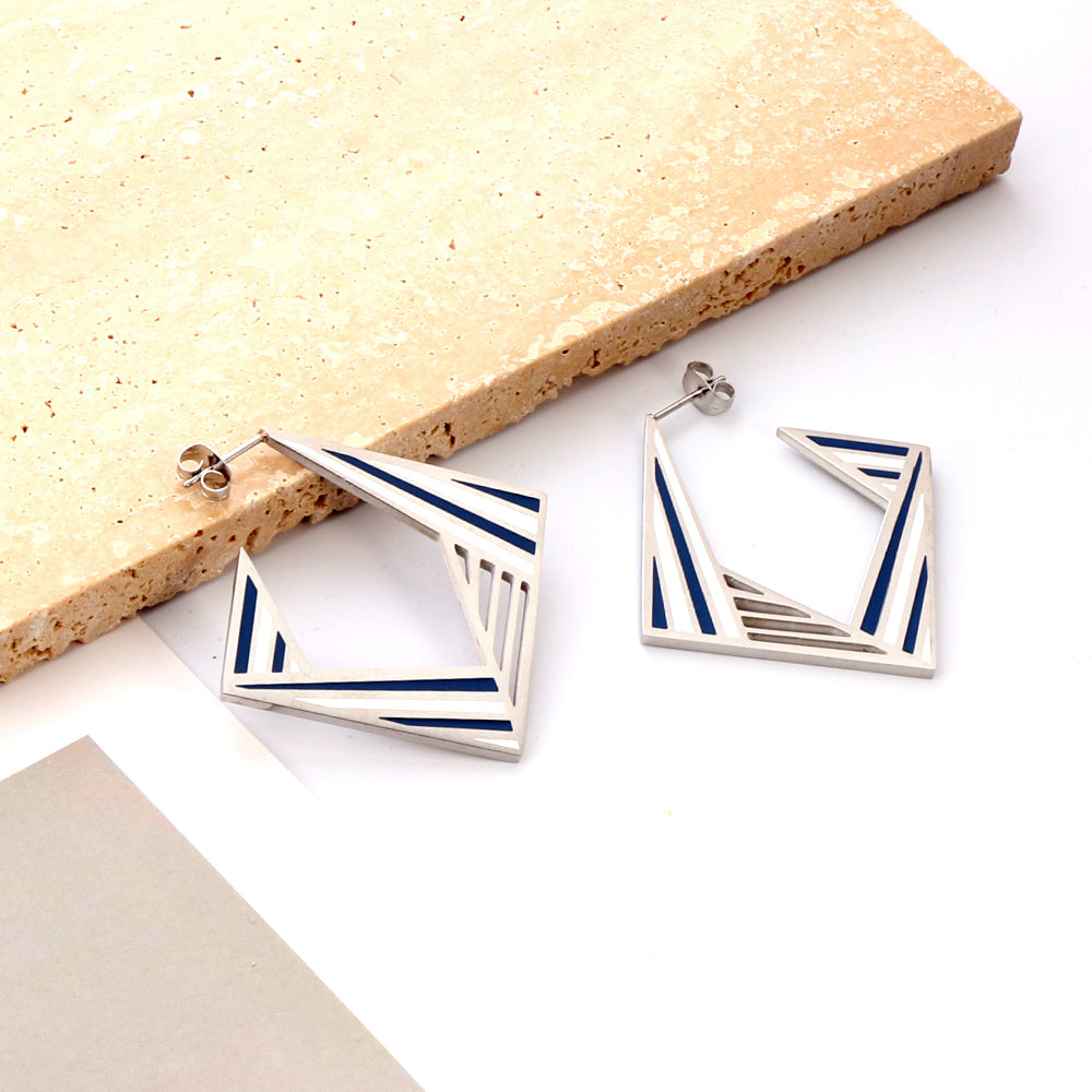 Helena Blue Striped Rectangular Hoops -Silver