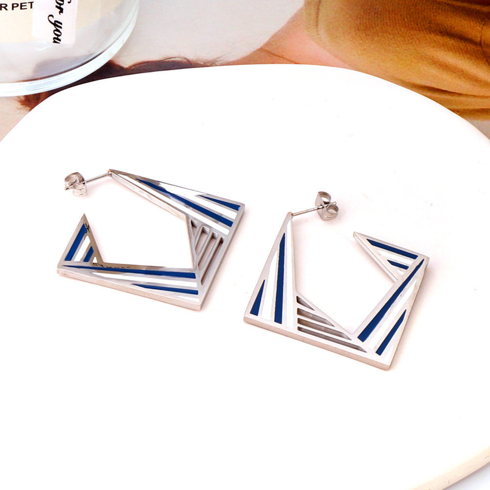 Helena Blue Striped Rectangular Hoops -Silver