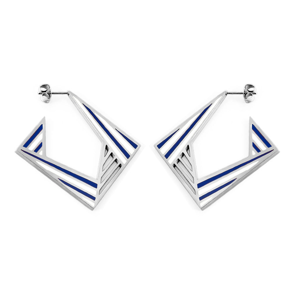 Helena Blue Striped Rectangular Hoops -Silver