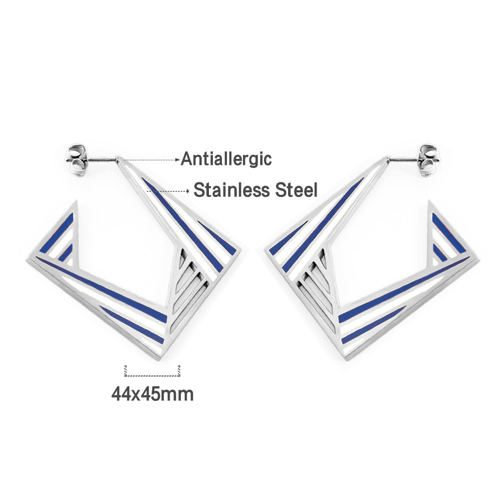 Helena Blue Striped Rectangular Hoops -Silver