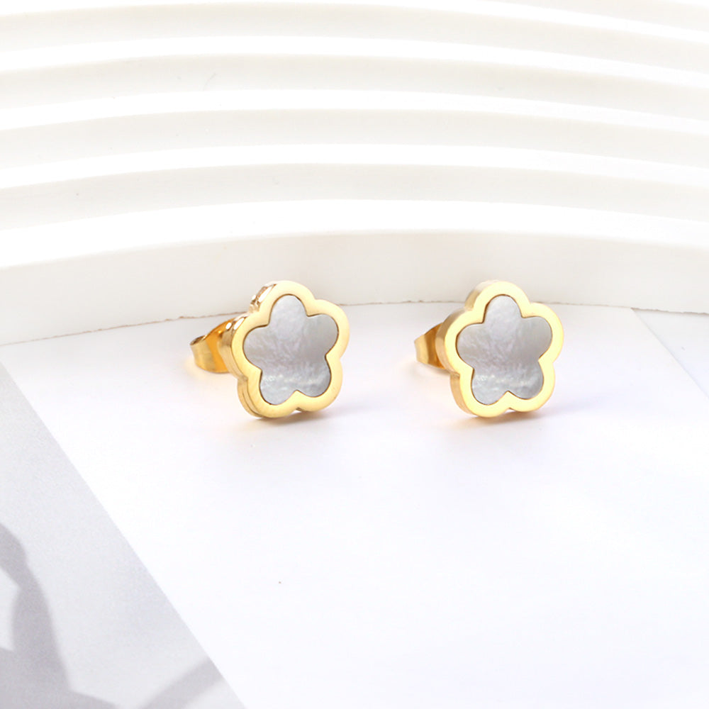 Glenda Shell Inlay Clover Studs -Gold
