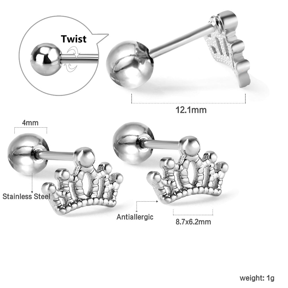 Penelope Royal Crown Secure Screw-Back Studs — suitable for lobe, helix & multiple ear piercings