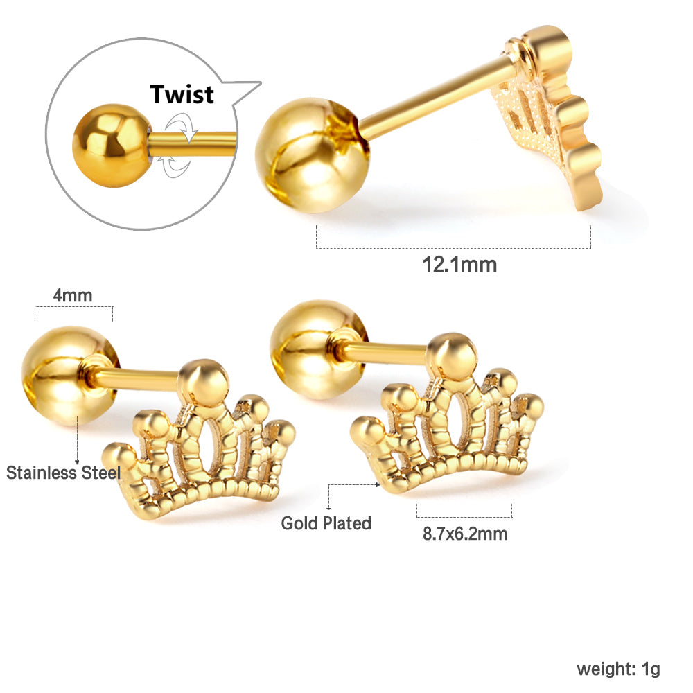 Penelope Royal Crown Secure Screw-Back Studs — suitable for lobe, helix & multiple ear piercings