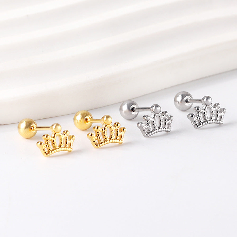 Penelope Royal Crown Secure Screw-Back Studs — suitable for lobe, helix & multiple ear piercings