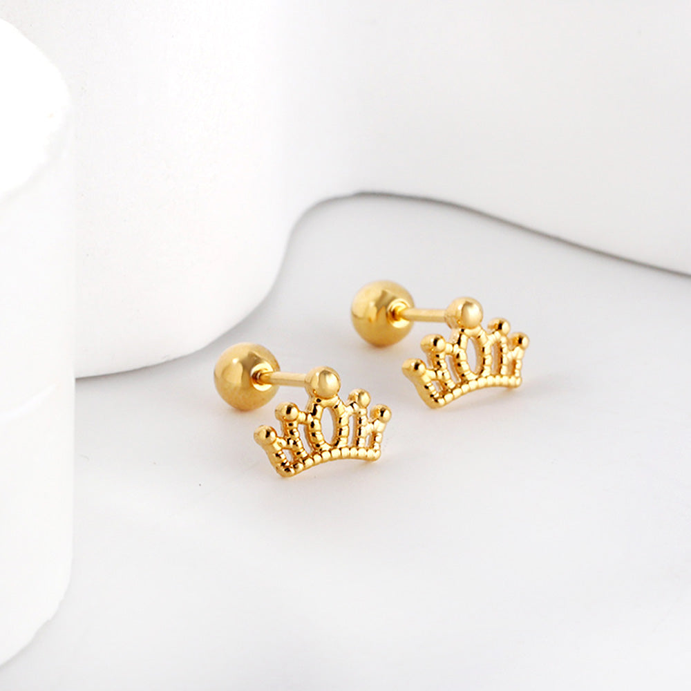 Penelope Royal Crown Secure Screw-Back Studs — suitable for lobe, helix & multiple ear piercings