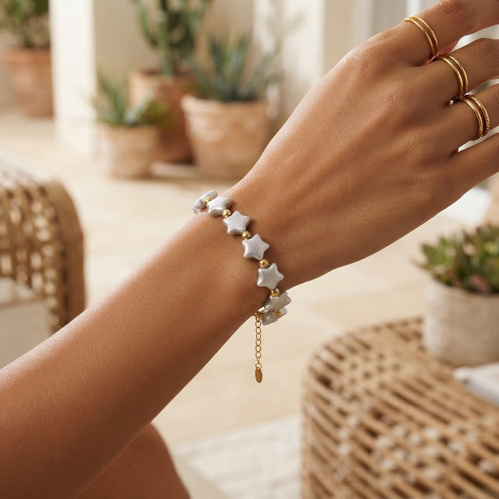 Ida White Star Pearls Bracelet | Waterproof 18K Gold