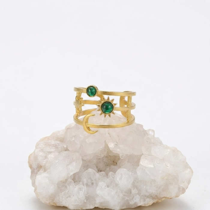 Keely Star Moon Malachite Green Resizable Ring | Waterproof 18K Gold
