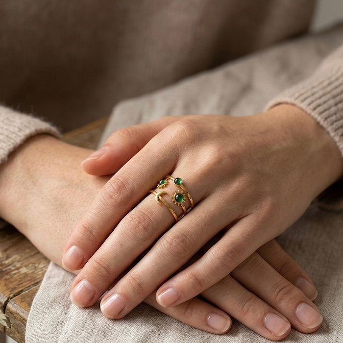 Keely Star Moon Malachite Green Resizable Ring | Waterproof 18K Gold