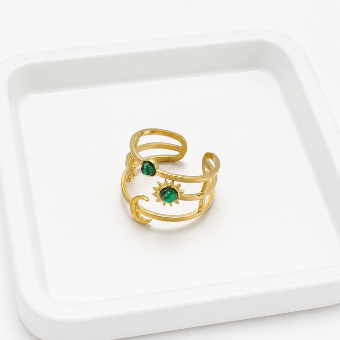 Keely Star Moon Malachite Green Resizable Ring | Waterproof 18K Gold