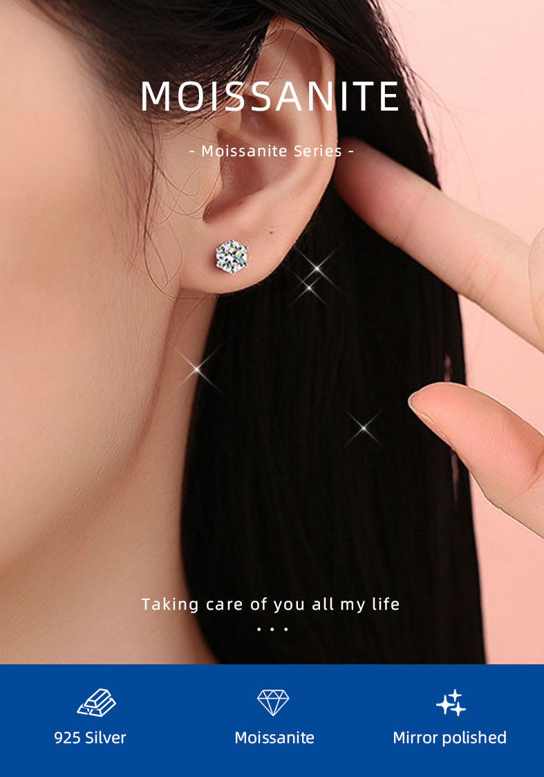 Round Shape Six Prong Moissanite Solitaire Stud Earrings in Platinum Overlay Sterling Silver 1 Carat Moissanite GRA Certified