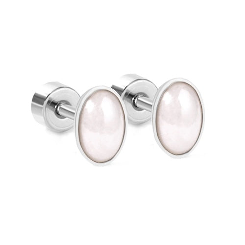 Laira Oval White Opal Flat Back Studs | Waterproof Silver