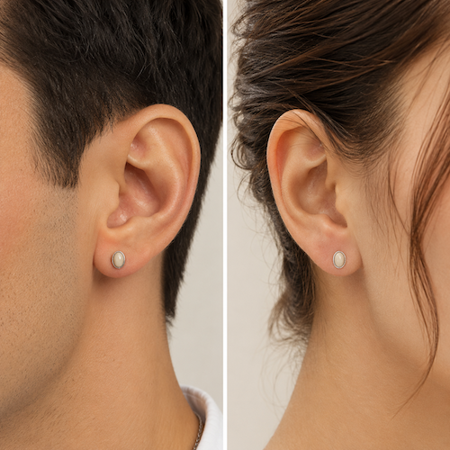 Laira Oval White Opal Flat Back Studs | Waterproof Silver