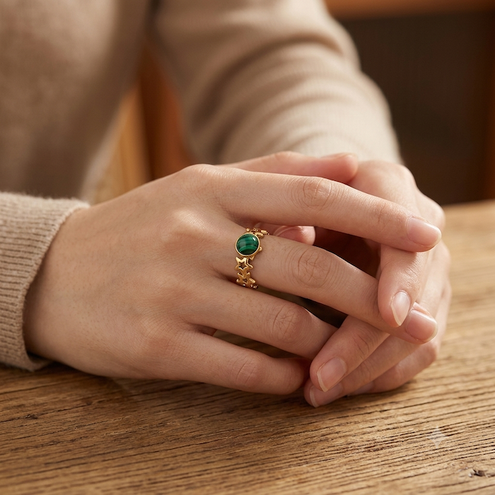 Lennon Malachite Green Resizable Ring | Waterproof 18K Gold