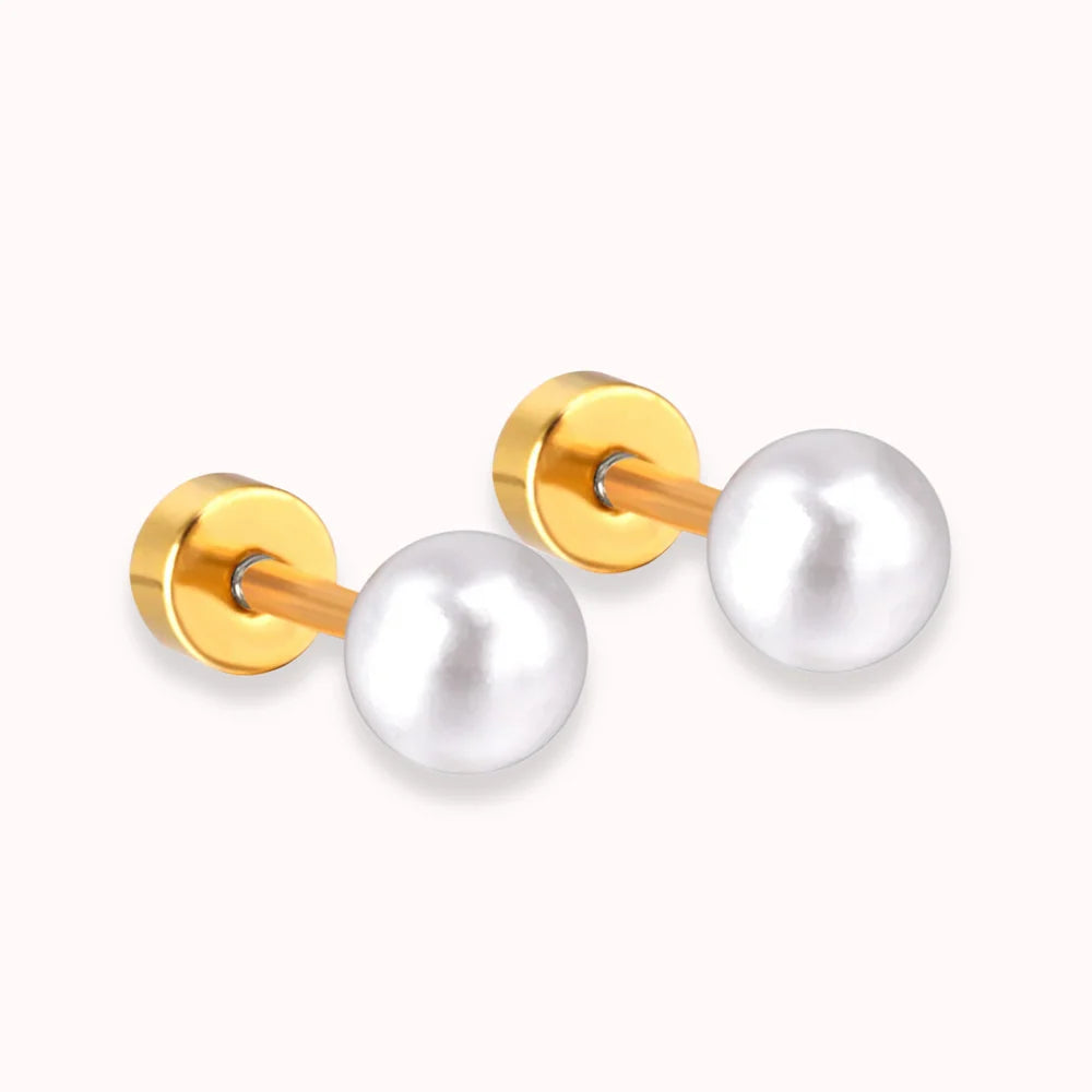Lora White Pearl Flat Back Studs 8MM | Waterproof 18k Gold & Silver