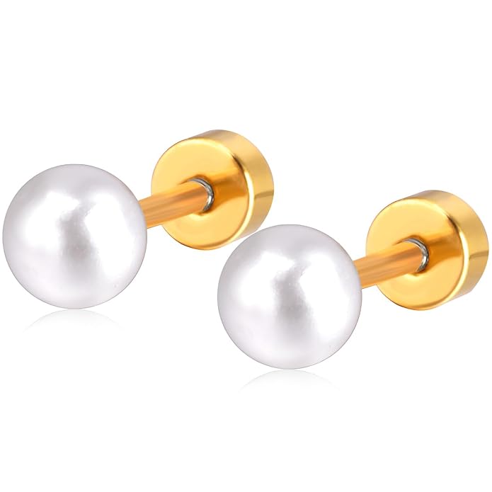 Lora White Pearl Flat Back Stud Earrings 10MM | Waterproof 18k Gold