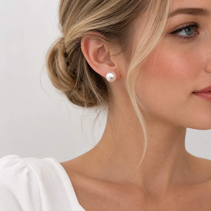 Lora White Pearl Flat Back Stud Earrings 10MM | Waterproof 18k Gold