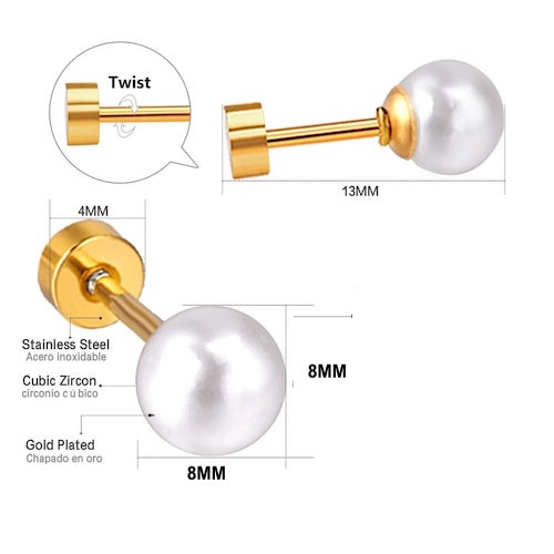Lora White Pearl Flat Back Studs 8MM | Waterproof 18k Gold & Silver
