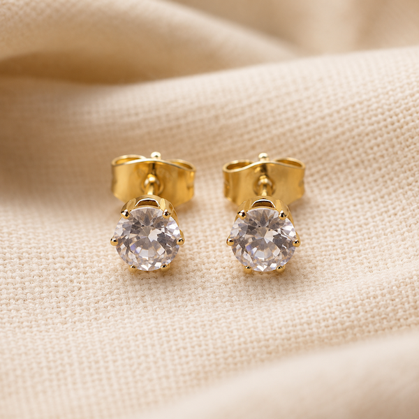Luna Round Cut Solitaire CZ Studs | Waterproof 18k Gold 7MM