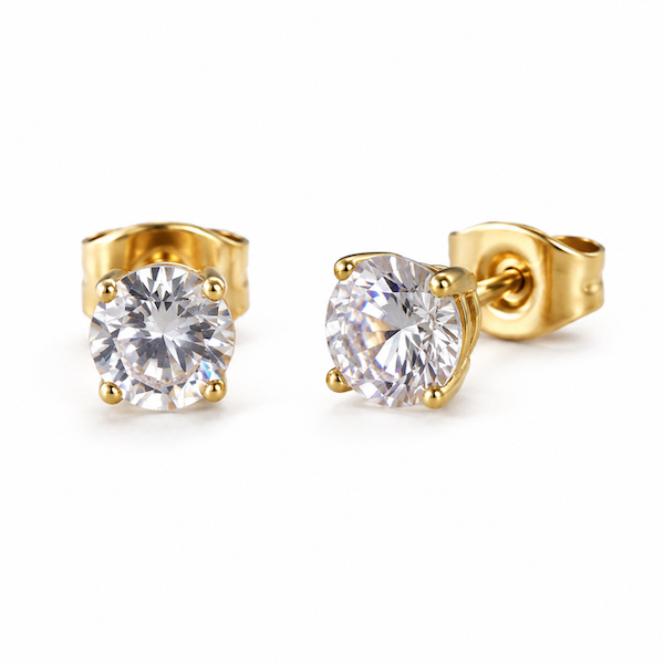 Luna Round Cut Solitaire CZ Studs | Waterproof 18k Gold 7MM