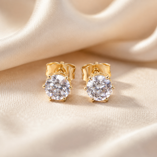 Luna Round Cut Solitaire CZ Studs | Waterproof 18k Gold 7MM
