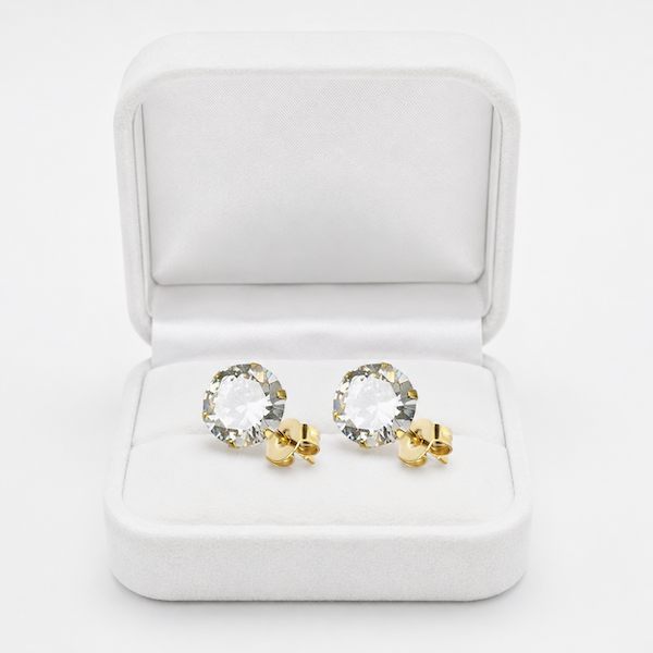 Luna Round Cut Solitaire CZ Studs | Waterproof 18k Gold & Silver 10MM