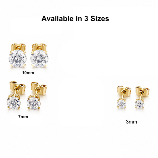 Luna Round Cut Solitaire CZ Studs | Waterproof 18k Gold & Silver 10MM