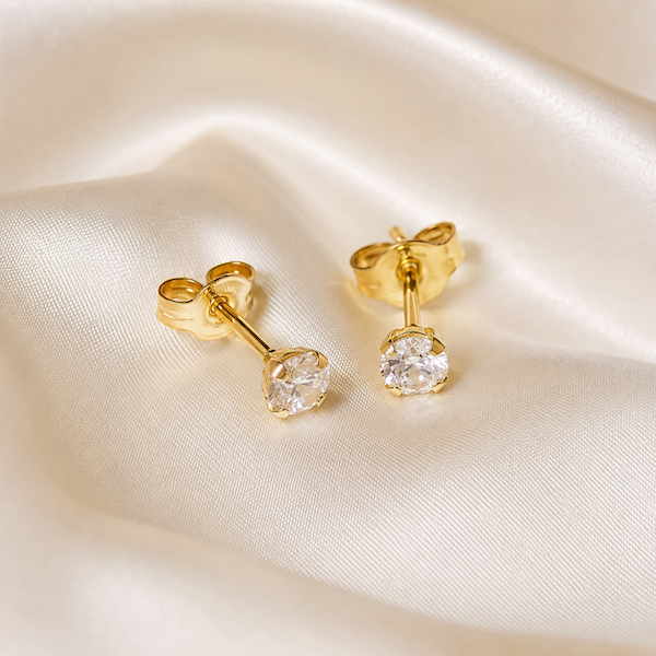 Luna Round Cut Solitaire CZ Studs | Waterproof 18k Gold 3MM