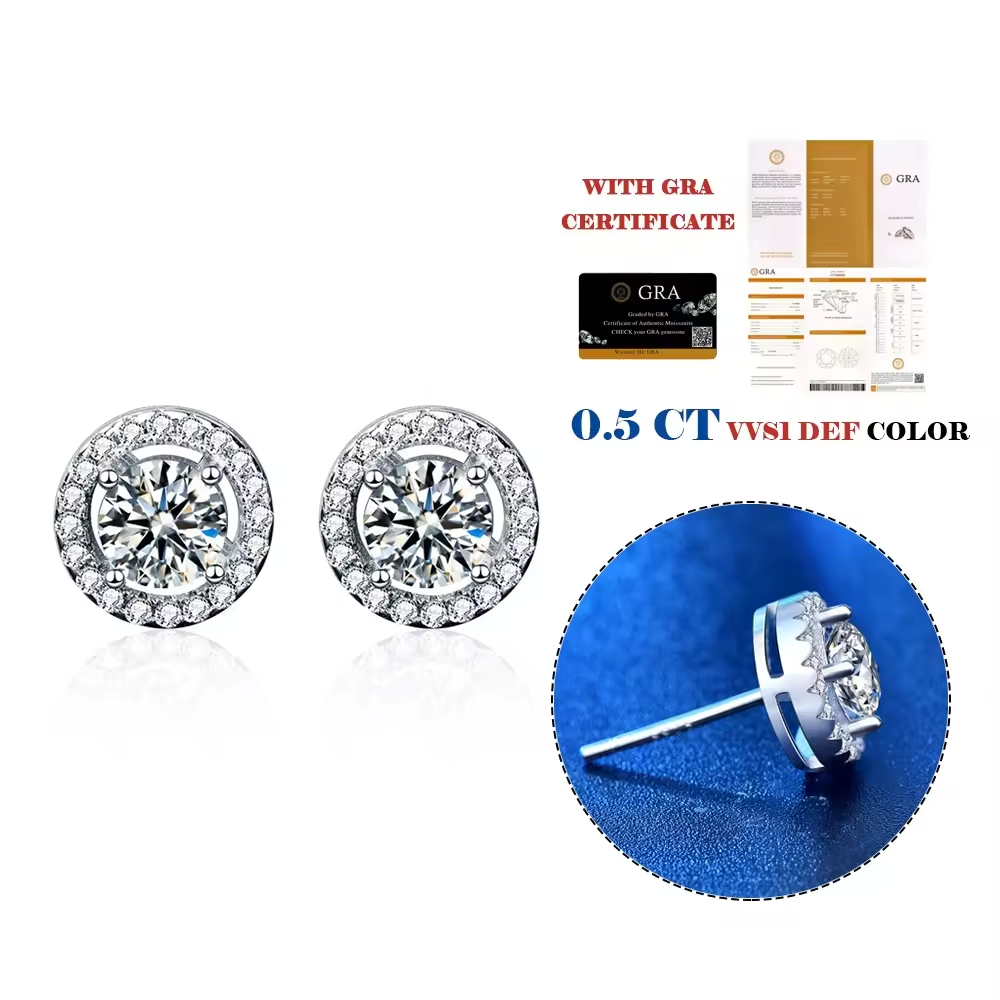 1 Carat Moissanite Stud Earrings: Gap Halo Setting, Platinum Overlay Sterling Silver