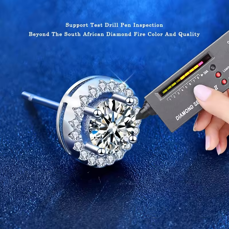 1 Carat Moissanite Stud Earrings: Gap Halo Setting, Platinum Overlay Sterling Silver